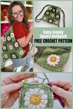 a crocheted granny bag with flowers on the front and side, is shown in three different pictures