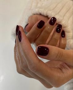 Fall inspo, fall nails, autumn vibes, red season, cherry red nails, dark red, clean girl aesthetic, manicure inspo, short square nails Types Of Nail Polish Finishes, Maroon Nails On Brown Skin, Fall Nails For Dark Skin Tone, Short Sqovalnails, Burgundy Dip Nails, Wine Pedicure, Short Round Nails Fall, Short Gel Extension Nails, Russian Manicure Short Nails