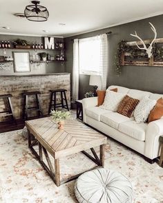 a living room filled with furniture and a fire place in the middle of it's walls