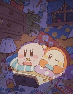 two cartoon characters laying in bed together