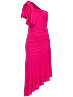 fuchsia pink one-shoulder knot detailing self-tie fastening ruched bodice pleat detailing sleeveless flared asymmetric hem Shoulder Knots, Color Fuchsia, Ruched Bodice, Asymmetrical Skirt, Ruched Dress, Party Looks, Asymmetric Hem, Cocktail Dress Party, Fitted Dress