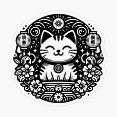 a black and white sticker with a cat in the center surrounded by flowers, stars and circles