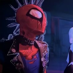 the animated character is dressed up as spider - man and woman in front of a dark background