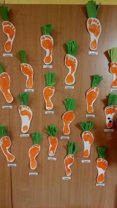 a bulletin board with carrots cut out to look like feet and toes on them