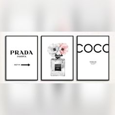 three black and white posters with flowers on them, one is for prada marfaia