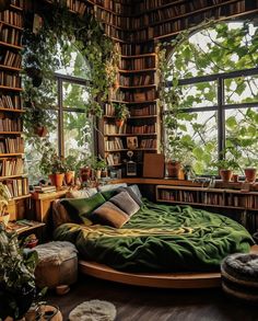 a bedroom with lots of bookshelves and plants in the window sill area