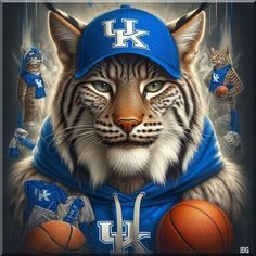 a tiger wearing a blue hat with basketballs around it's neck and eyes