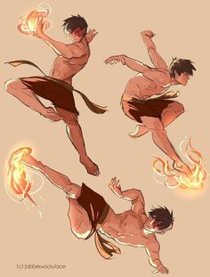 an anime character is doing different poses with fire