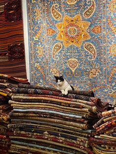 a cat sitting on top of a pile of rugs