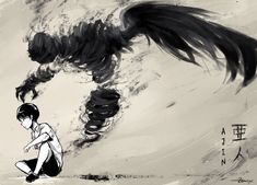 a boy sitting on the ground next to a large bird with wings flying above him