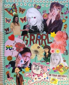 a spiral notebook covered in stickers and photos with the words grra on it