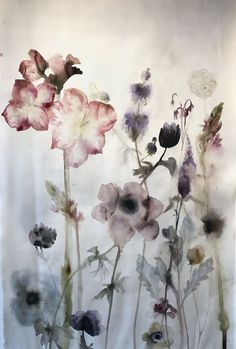 an abstract painting of flowers on a white background