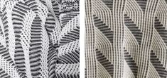 two different patterns on fabric, one in grey and the other in white with black lines