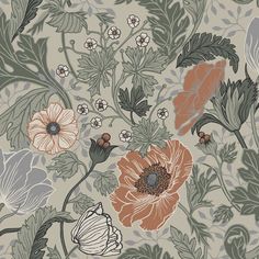 a floral wallpaper with orange and gray flowers on grey, green, red and white colors