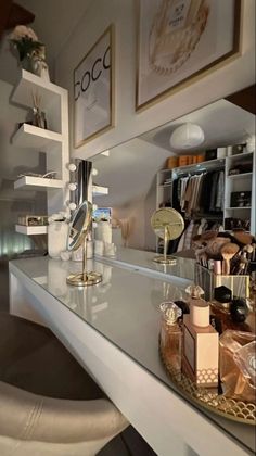 the counter is clean and ready to be used for beauty products, including hairbrushes