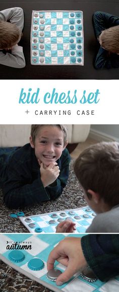 two children are playing with their own chess set and the text reads, kid chess set + carrying case