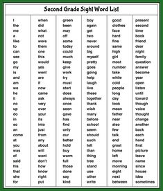 the second grade sight word list is shown in black and white, with green background