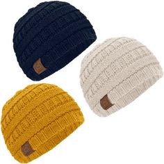 three knitted beanies are shown in three different colors