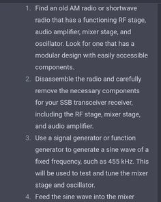 the text is displayed in black and white, which reads find an old am radio or shortwave audio that has a functioning rf stage, osciliator,