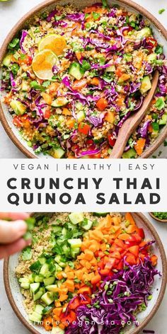 two bowls filled with vegetables and the words vegan healthy easy crunchy thai quinoa salad