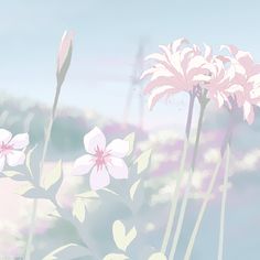 some pink flowers are in the grass and one is blurry with it's light