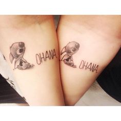 two people with matching tattoos on their legs that say ohana and ahoho