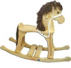 a wooden rocking horse with black manes and brown hair on it's head