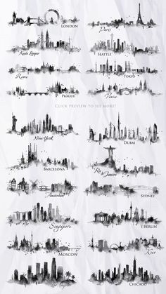 an illustrated map of the world's most famous cities and their names in black ink