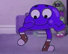 an animated purple hat with eyes and hands on it's head, standing in front of a refrigerator