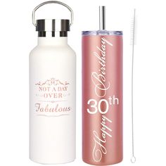 a pink and white water bottle next to a silver metal thermos on a white background