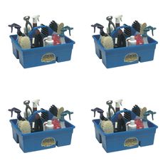 four blue bins filled with different types of tools