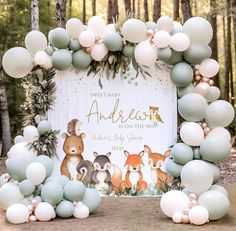 an outdoor baby shower with balloons and woodland animals on the front, surrounded by trees