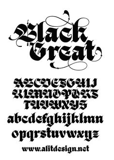 "Black Great" is a bold and imposing Blackletter-themed font that commands attention with its thick strokes and distinctive style. Its robust appearance makes it perfect for conveying a sense of strength and authority in design projects. The font is adorned with elegant swashes, adding a touch of sophistication and flair to its overall aesthetic. Typography, Black, Typography Fonts, Design Assets, Fonts Design, In Design, Typography Design, Design Projects, Sense