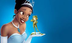 the princess and the frog character is holding a frog on her hand while wearing a tiara