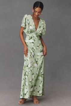 BHLDN Leila Deep-V Flutter-Sleeve Satin A-Line Gown | Anthropologie Mother Of The Bride Dresses Chiffon, Long Sleeve Garden Party Dress, Yellow Mother Of The Bride Dresses, Garden Theme Dress, Bhldn Leila, Wedding Guess Dress, Bridesmaids Outfits, Garden Formal, Bridesmaid Ideas