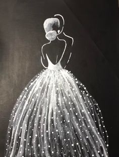 a black and white drawing of a woman in a dress with stars on the skirt