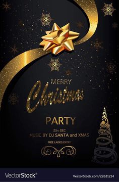 merry christmas party flyer with gold ribbon and star on black background eps1089