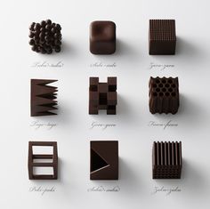 chocolates are arranged in different shapes and sizes