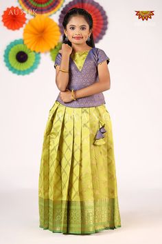 Green Golden vector Pattu Pavadi For Girls  Quick overview: Top Color       : Blue Skirt Color     : Green Neck Type      : Boat Neck Sleeve Type   : Normal Sleeve Material         : Semi Silk| With Lining Attached Wash Care     : Dry wash | Do not wrinkle Baby Girls Dresses, Blue Skirt, Boat Neck, For Girls, Types Of Sleeves, Baby Clothes, Dress Outfits