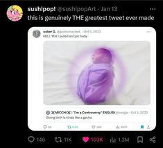 a tweet with an image of a baby wrapped in a blanket on it