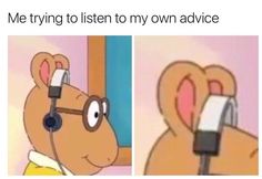 a cartoon bear with headphones on its ears and the caption reads, how boys listen