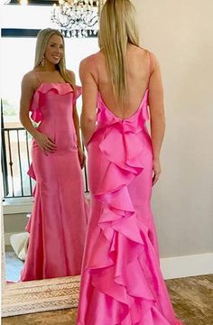 Satin Mermaid Prom Dress, Pink Satin Prom Dress, Prom Dress With Ruffles, Prom Dress With Train, Pink Spaghetti, Dress With Train, Long Formal Gowns, Mermaid Prom Dress, Spaghetti Strap Prom Dress