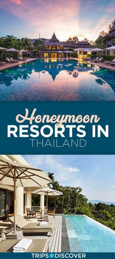 the cover of honeymoon resort in thailand with an image of a swimming pool and lounge chairs