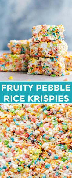 fruity pebble rice krispies are stacked on top of each other with the words,