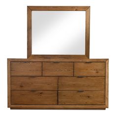 a large wooden dresser with a mirror on it's top and bottom drawer, against a white background