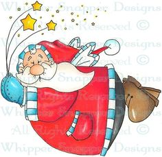 a drawing of santa claus flying through the air with his sack and star in hand