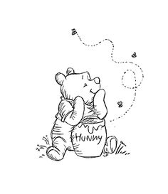 a winnie the pooh coloring page sitting on the ground with his head in a bag