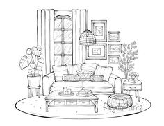 a black and white drawing of a living room with couches, coffee table, potted plants and pictures on the wall