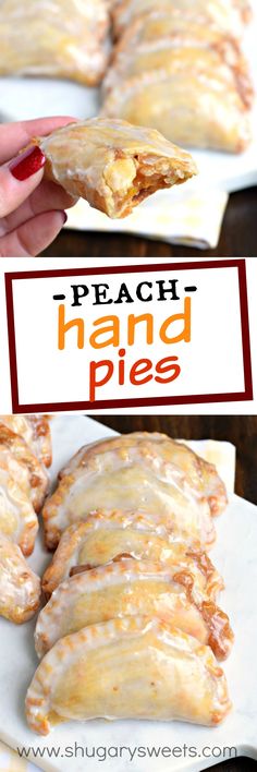 hand pies are being held up in front of the camera with text overlay that reads, peach hand pies