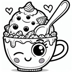 an ice cream sundae with hearts and eyes in a cup coloring page for kids